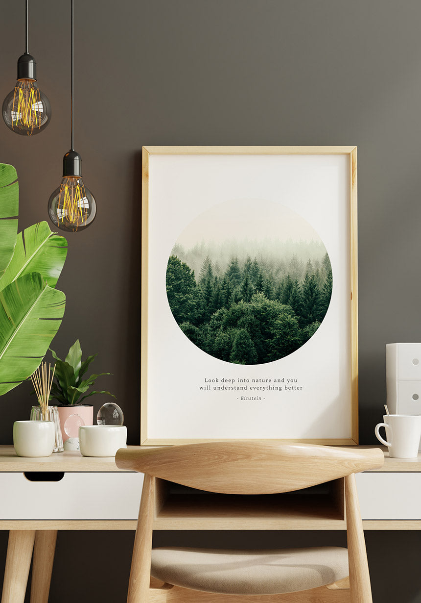 Photography Poster Quote Einstein look deep into nature in wooden frame