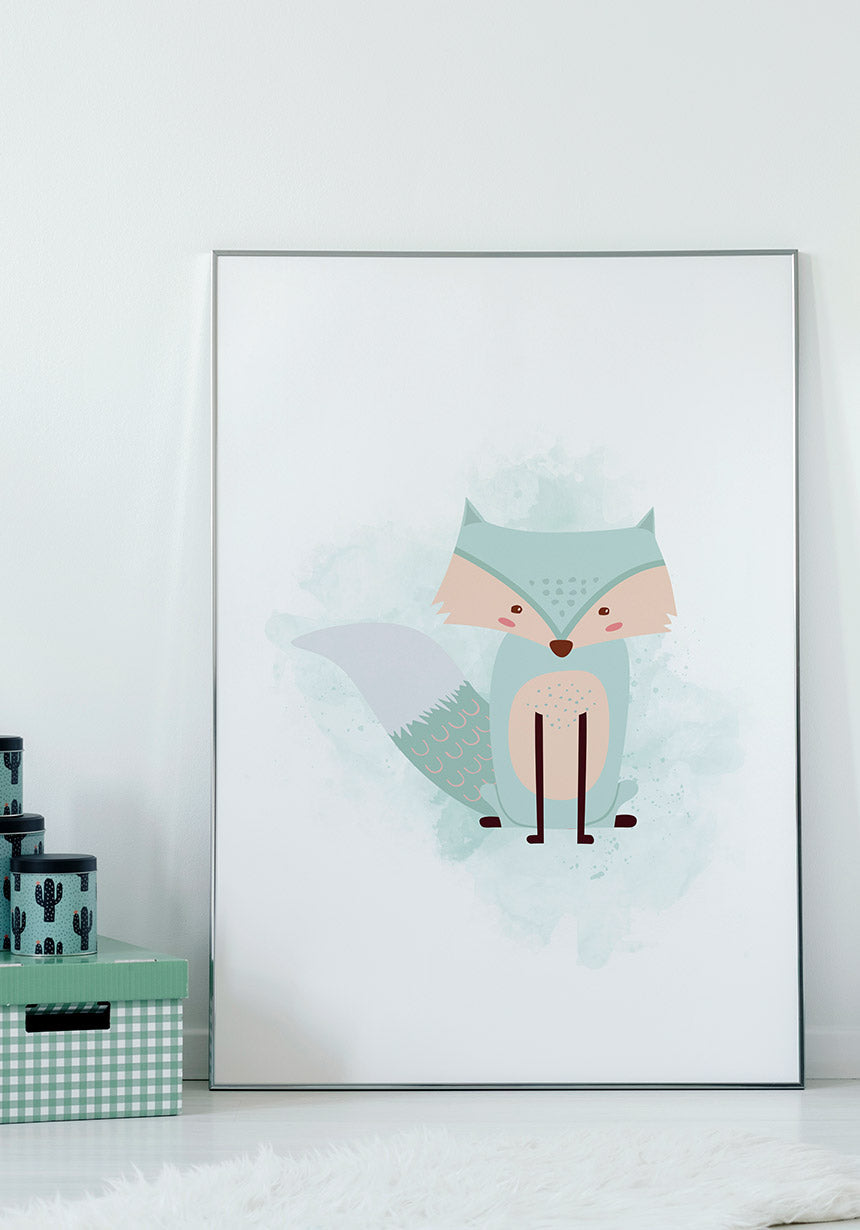Fox Poster Children's room turquoise on wall