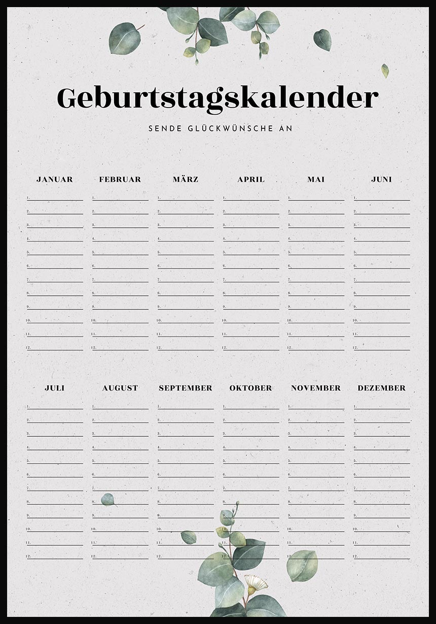 Birthday Calendar with Eukalyptus Leaves Poster