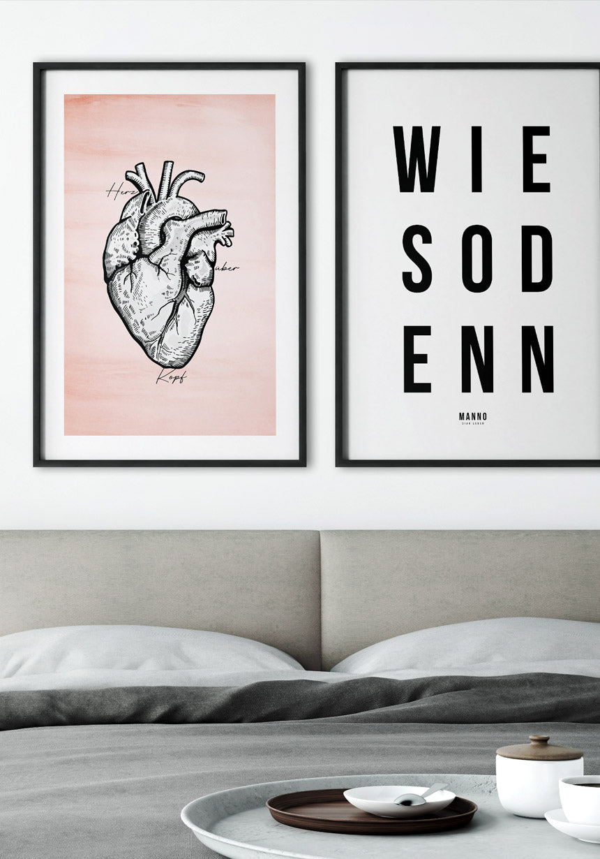 Poster with heart illustration on pastel red background above bed