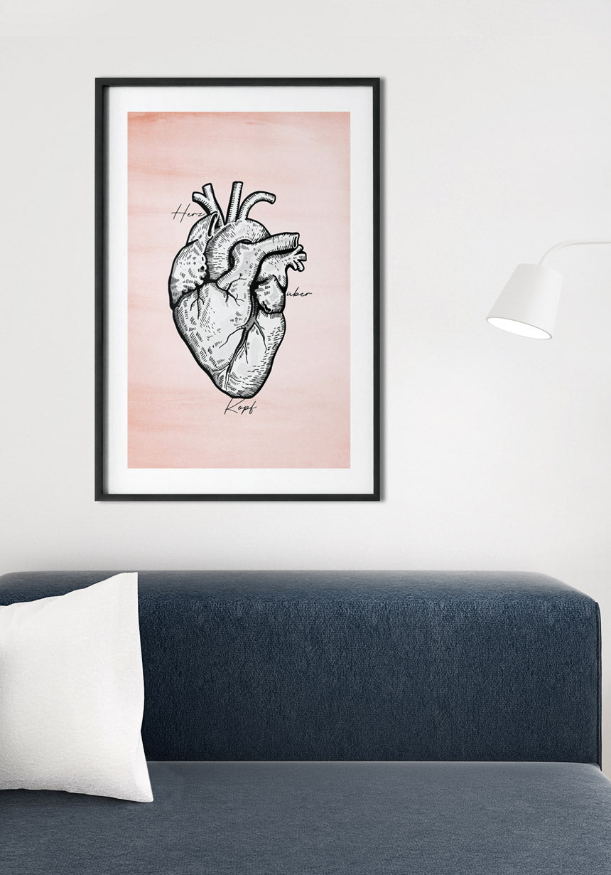Poster with heart illustration on pastel red background for the living room