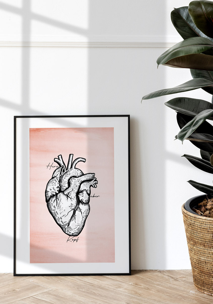Poster with heart illustration on pastel red background in picture frame