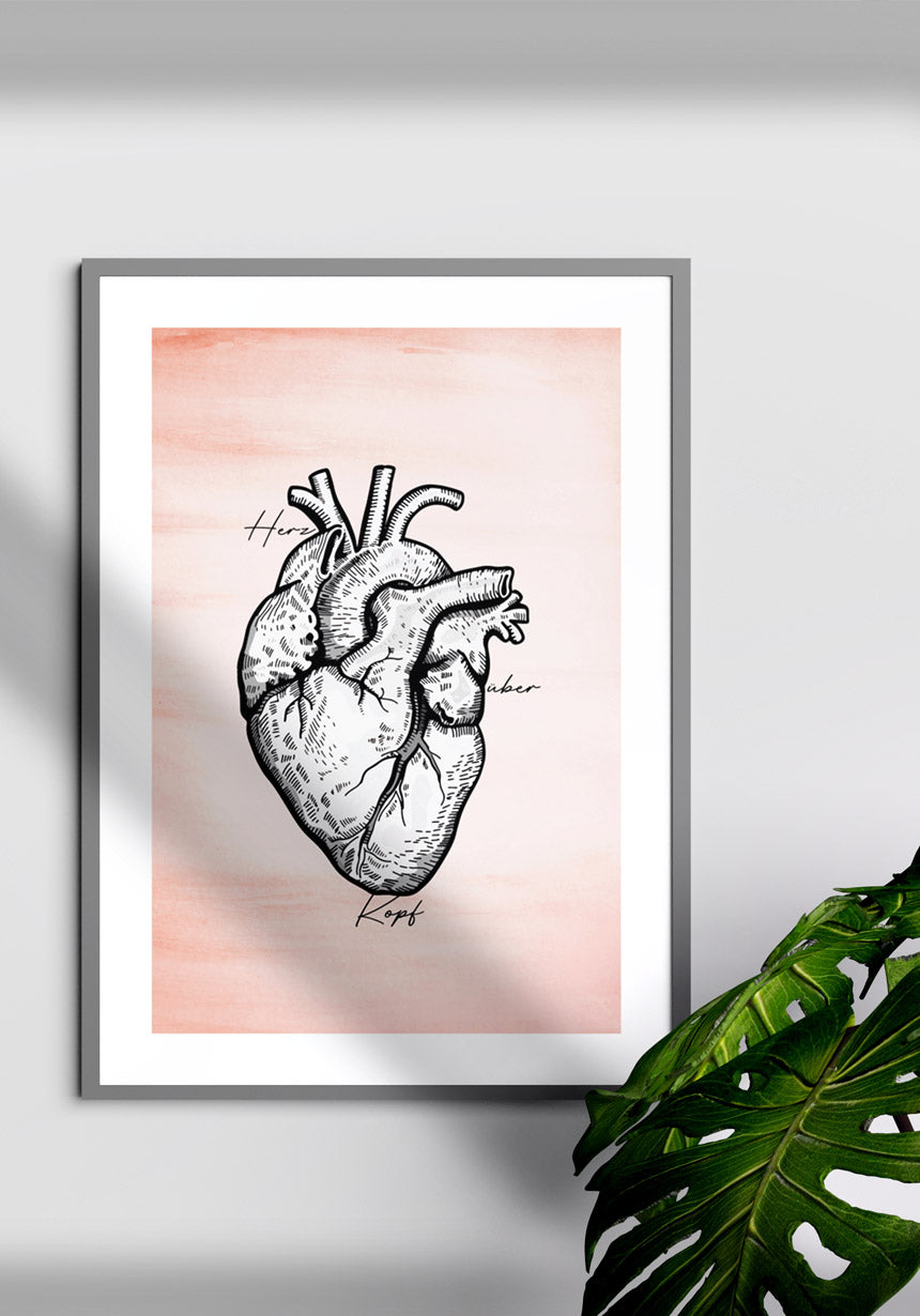 Poster with heart illustration on pastel red background hanging on the wall