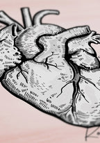 Poster with heart illustration on pastel red background in detail