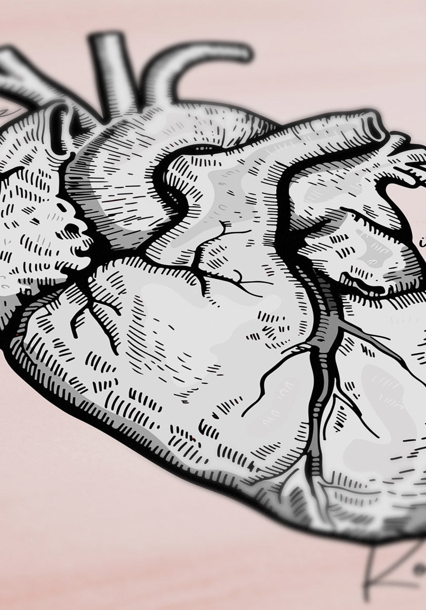 Poster with heart illustration on pastel red background in detail