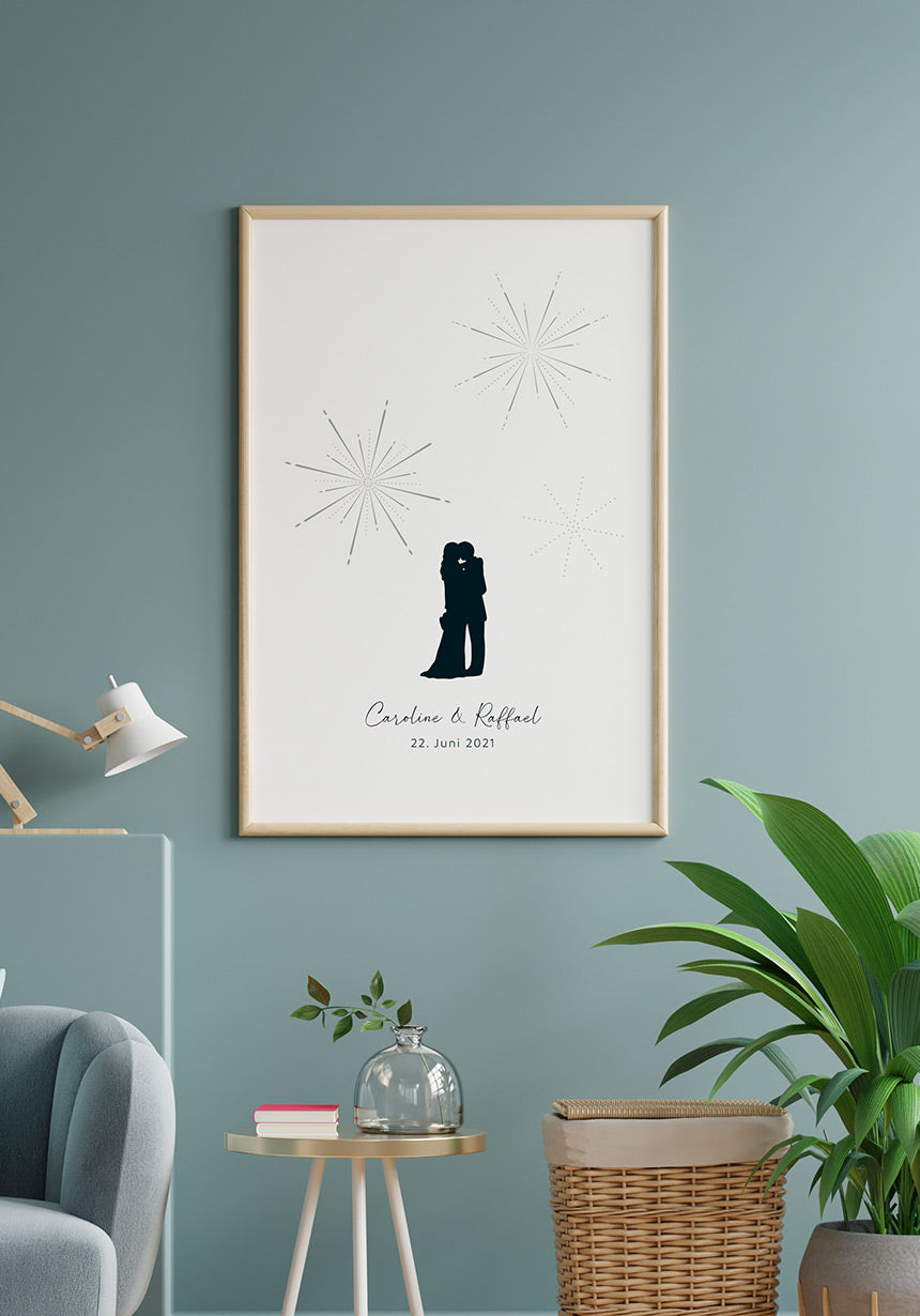 personalisierpares Fingerabdruck Poster Feuerwerk zur Hochzeit im Holzrahmen