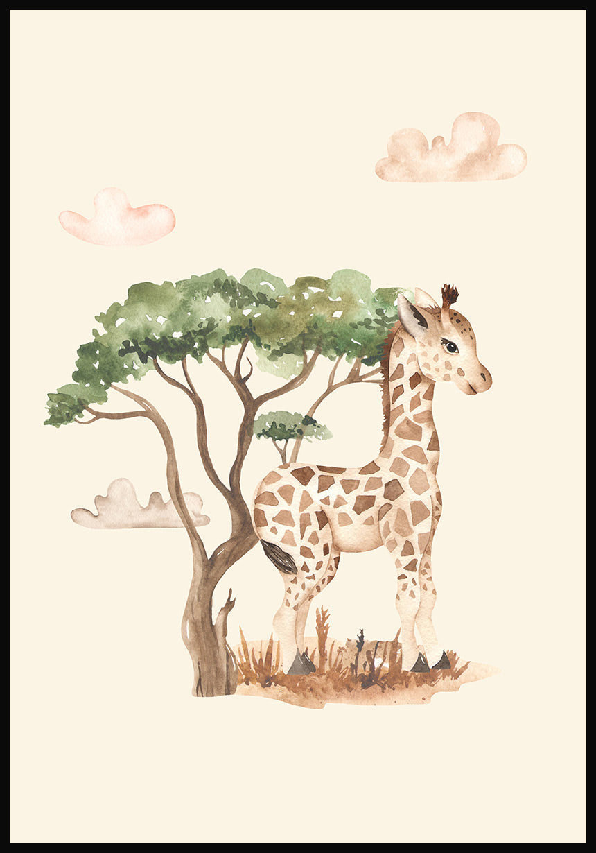 Illustration child poster baby giraffe under a tree
