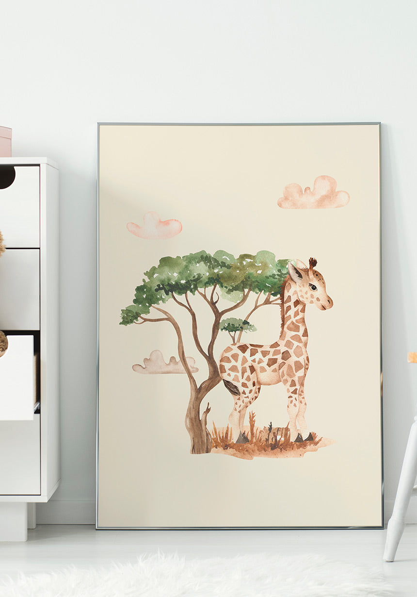 Illustration Kinderposter Baby Giraffe under a tree in the frame