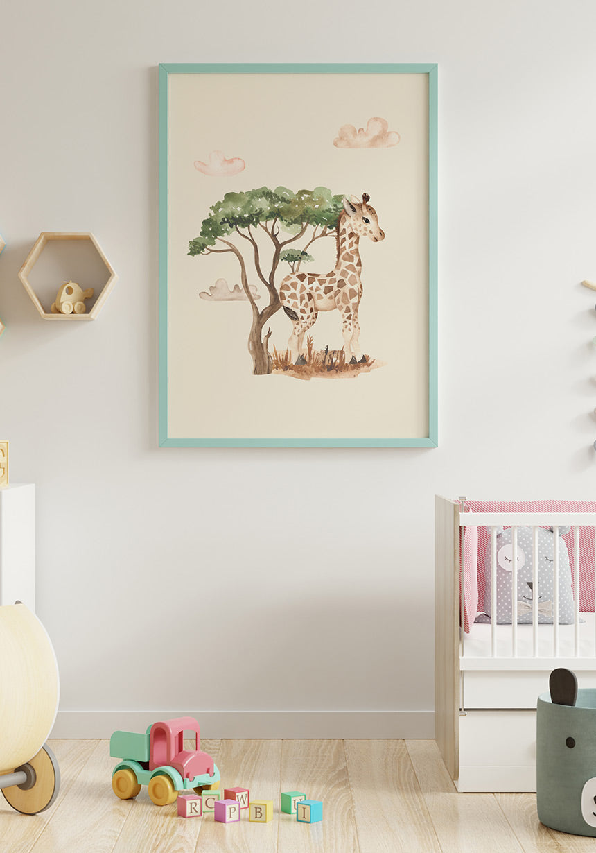 Illustration Kinderposter Baby Giraffe under a tree in the children's room