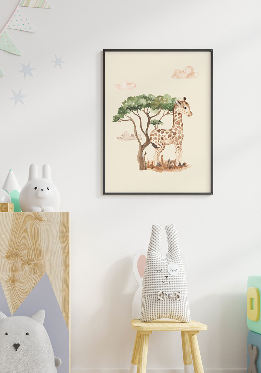Illustration child poster Baby Giraffe under a tree in black frame