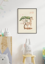 Illustration child poster Baby Giraffe under a tree in black frame