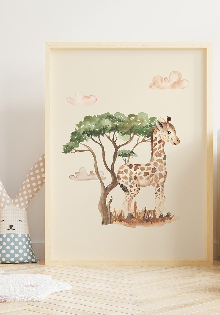 Illustration Baby Giraffe under a tree in the wooden frame