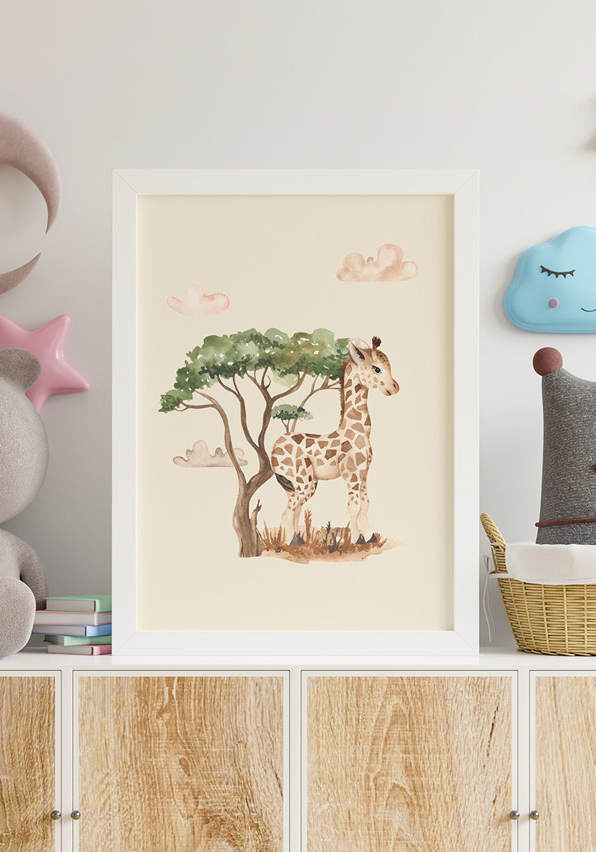 Illustration child poster baby giraffe under a tree on sideboard