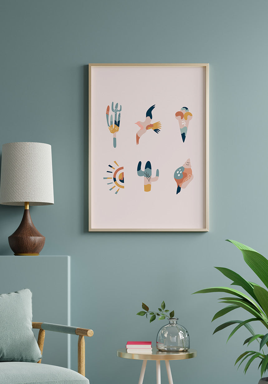 Illustrations Poster Boho Collection Summer Vibes on blue wall