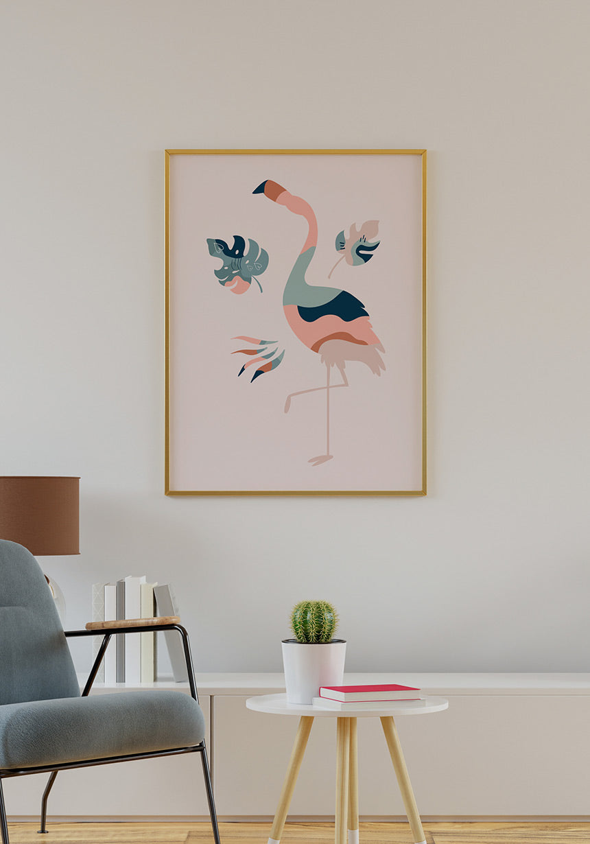 Illustration Poster Boho Flamingo in golden frame