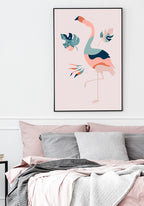 Illustration Poster Boho Flamingo over bed