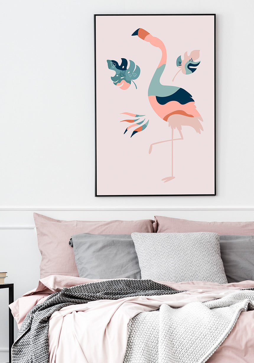 Illustration Poster Boho Flamingo over bed
