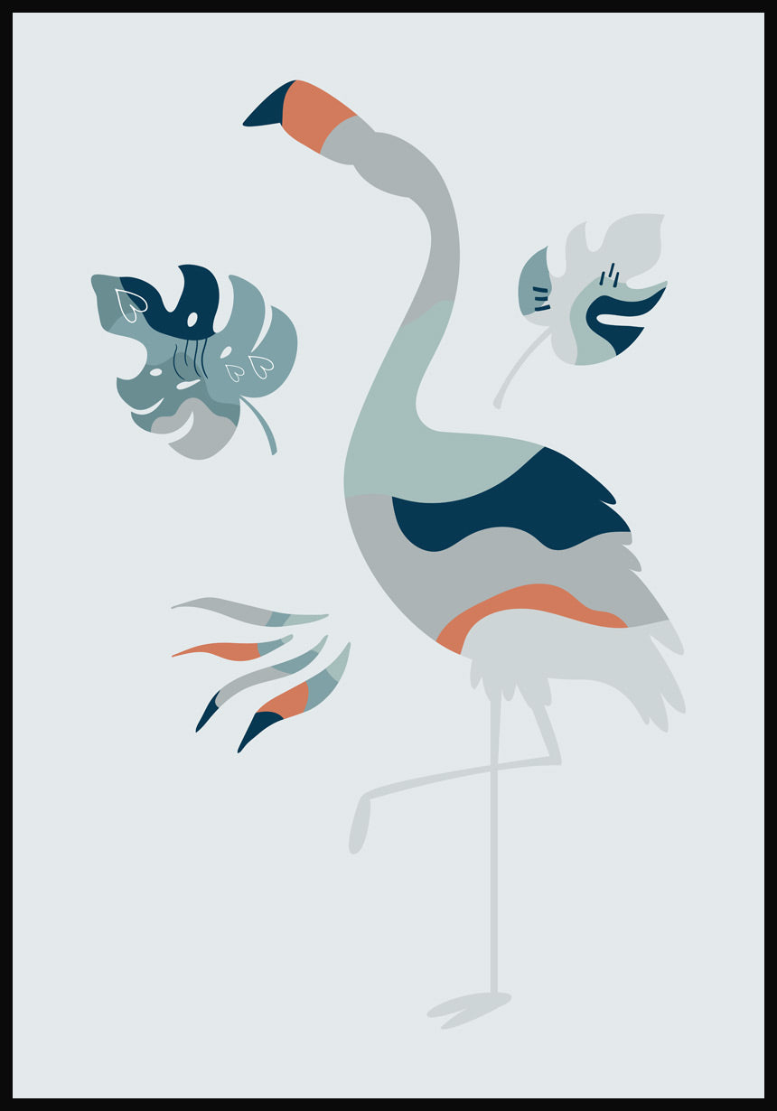 Illustration Poster Boho Flamingo Grey Blue