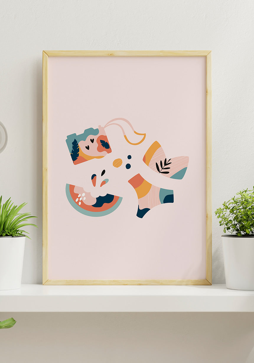Illustrated Boho Poster Beach Summer Day in Wooden Frame