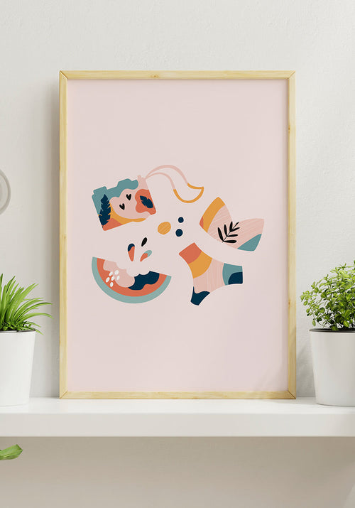 Illustrated Boho Poster Beach Summer Day in Wooden Frame