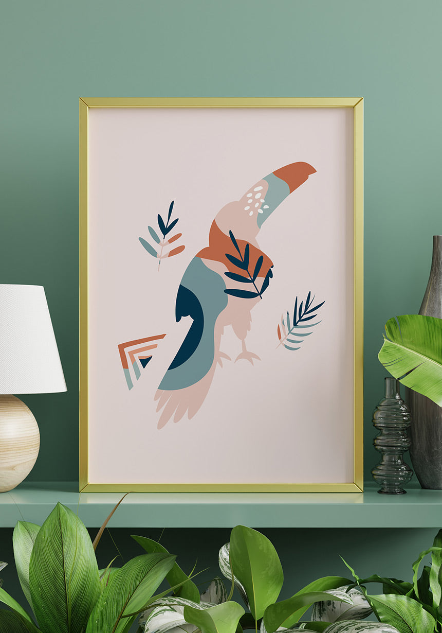 Illustrated Boho Poster Tukan Bird in Golden Frame