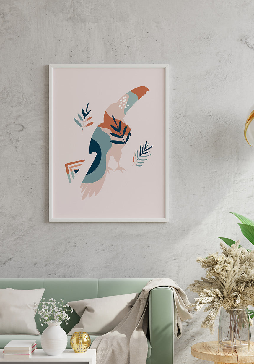 Illustrated Boho Poster Tukan Bird in the living room on gray wall