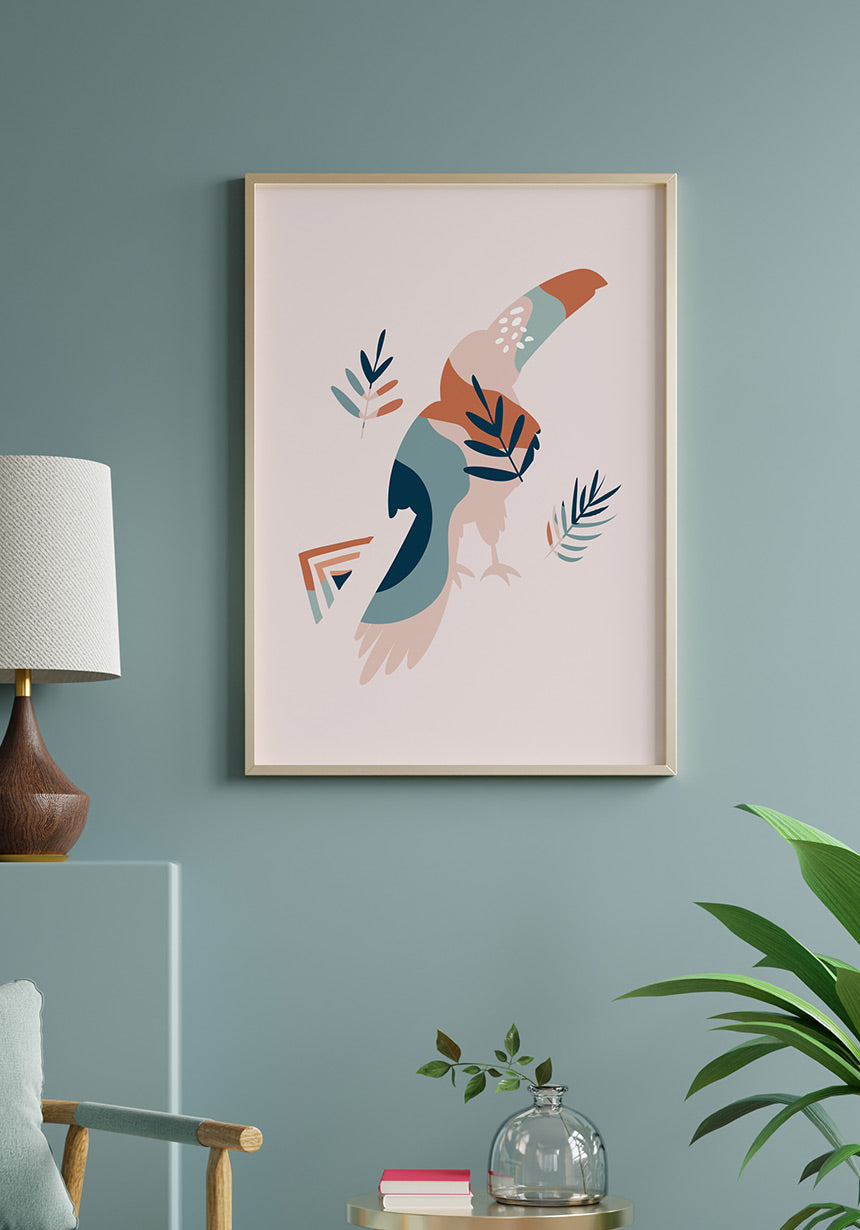 Illustrated Boho Poster Tukan Bird on light blue wall