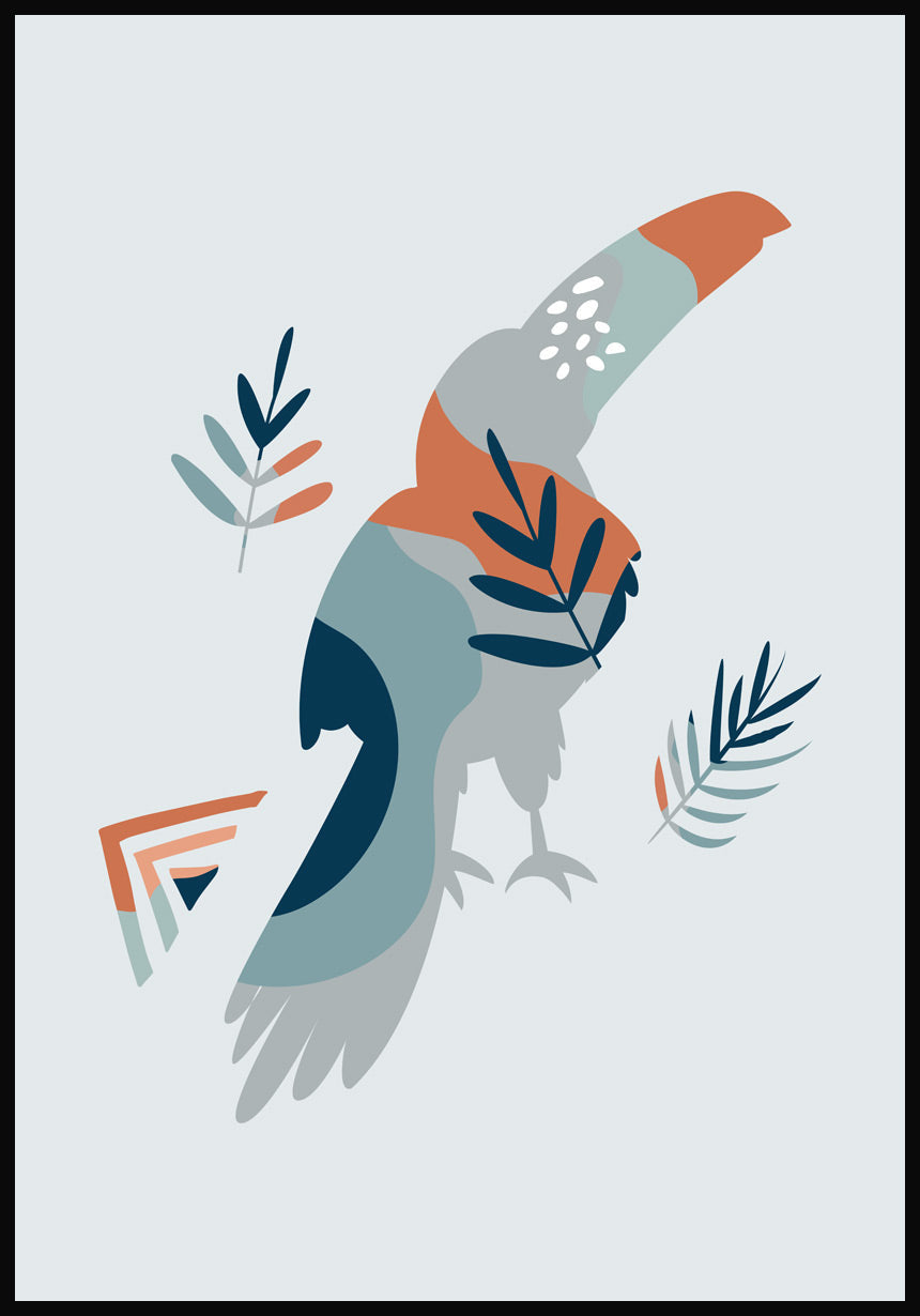 Illustrated Boho Poster Tukan Bird gray blue background