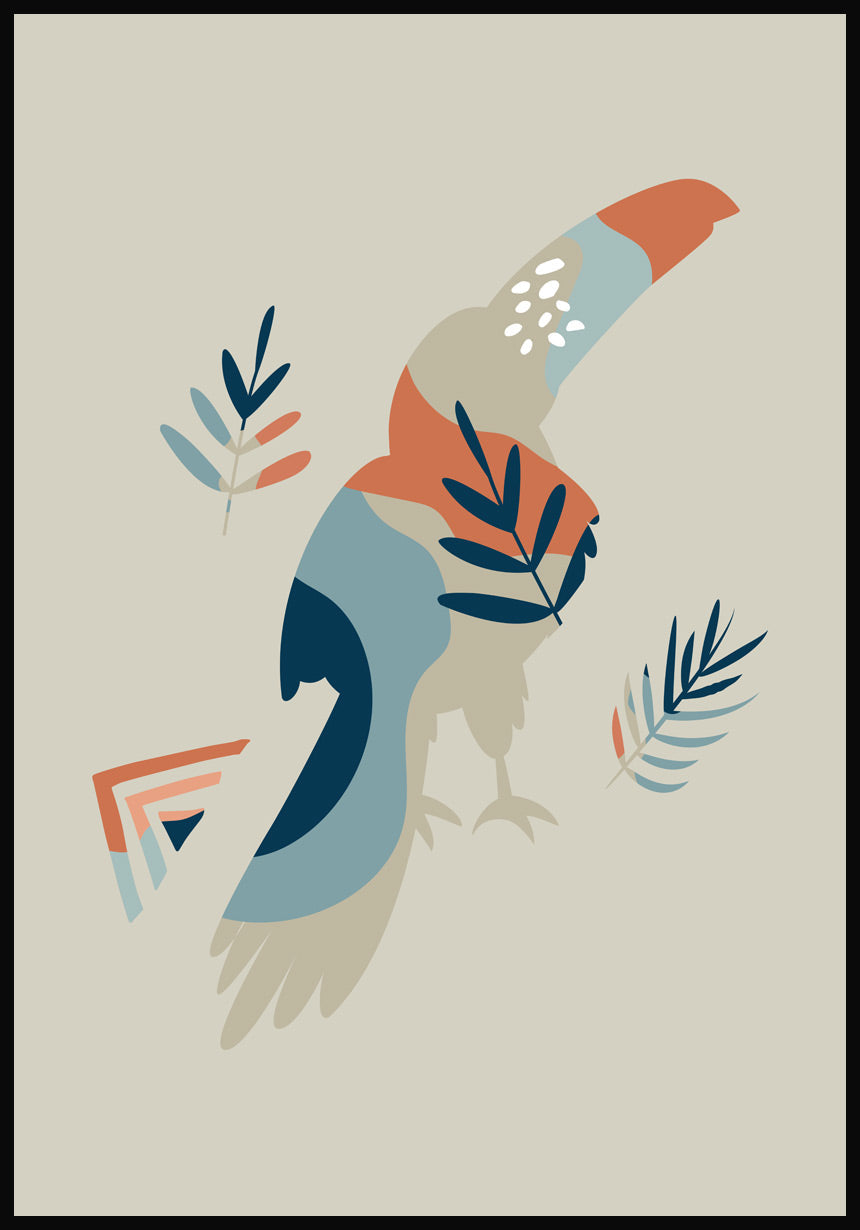 Illustrated Boho Poster Tukan Bird olive green background