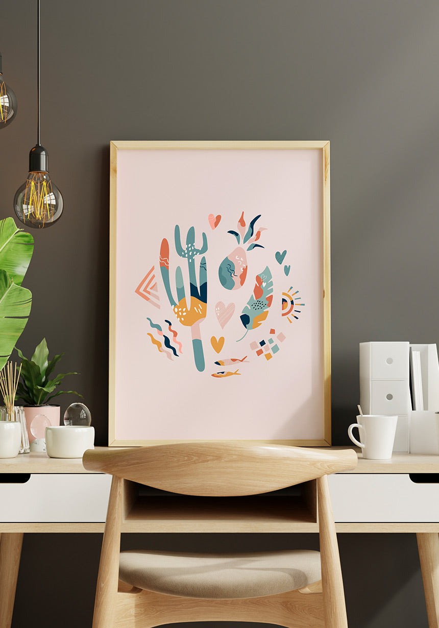 Illustration Poster Boho Kaktus Crew in Wooden Frame