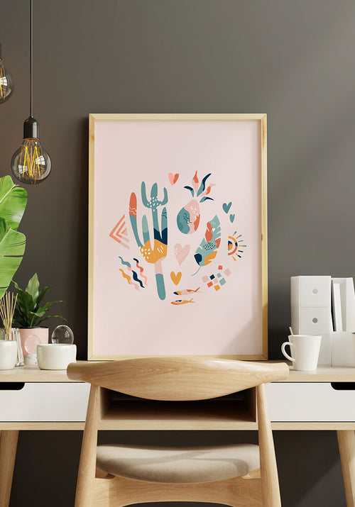 Illustration Poster Boho Kaktus Crew in Wooden Frame