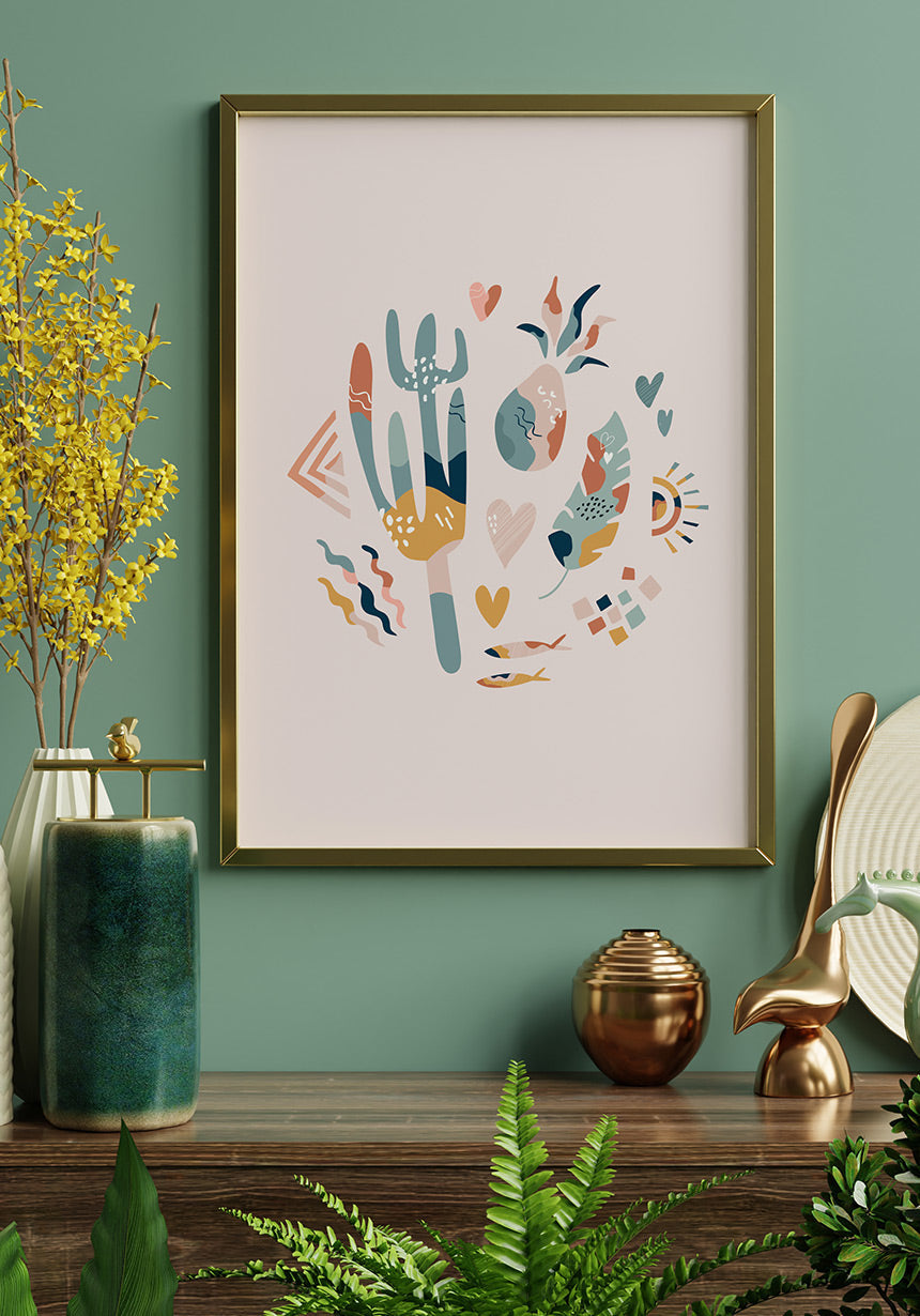Illustration Poster Boho Kaktus Crew in Golden Frame
