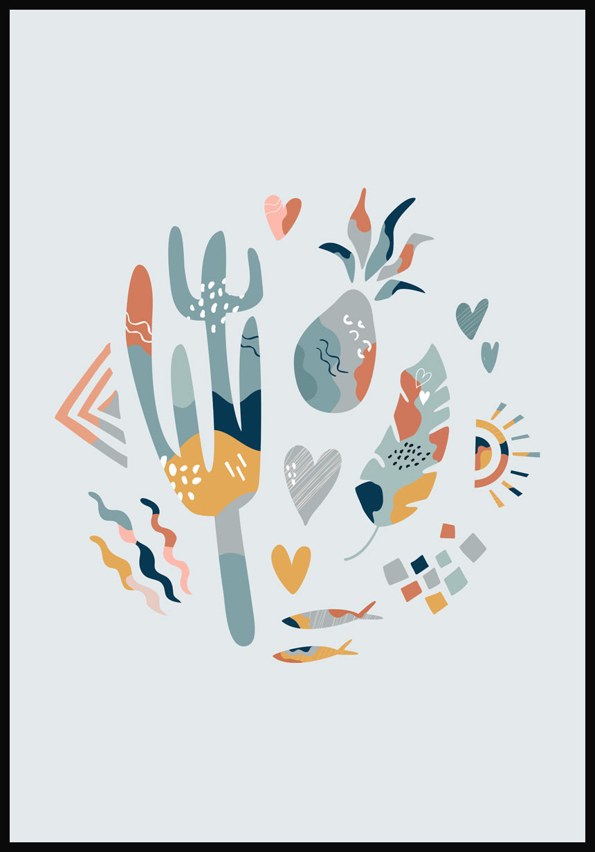 Illustration Poster Boho Kaktus Crew Grey Blue