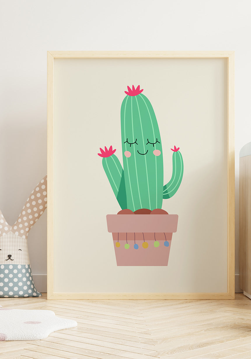 illustration poster cheerful cactus in wooden frame