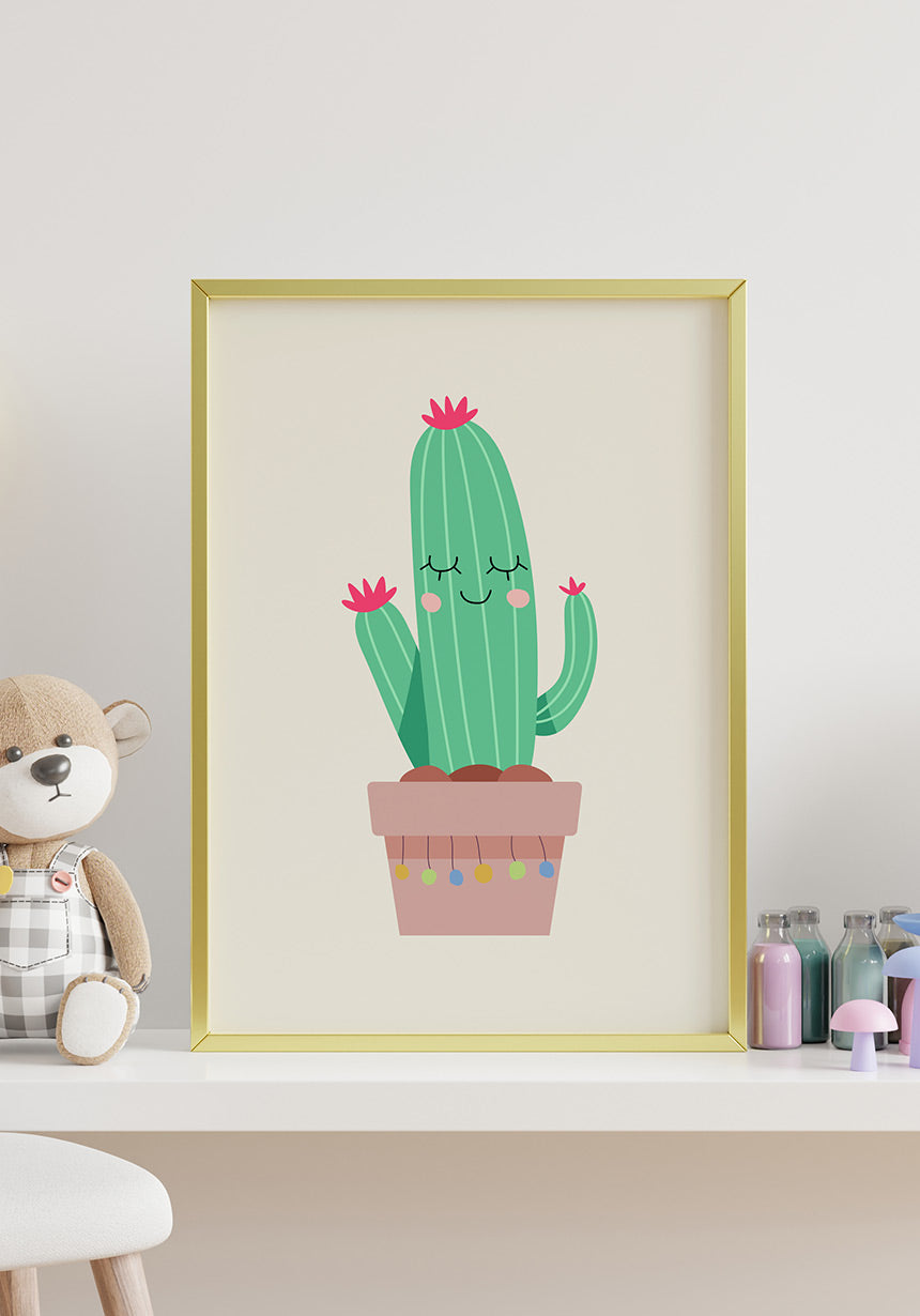 illustration poster cheerful cactus in golden frame
