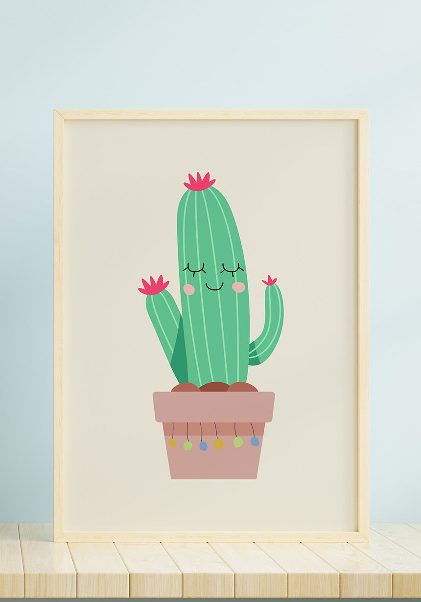 illustration poster cheerful cactus against light blue background