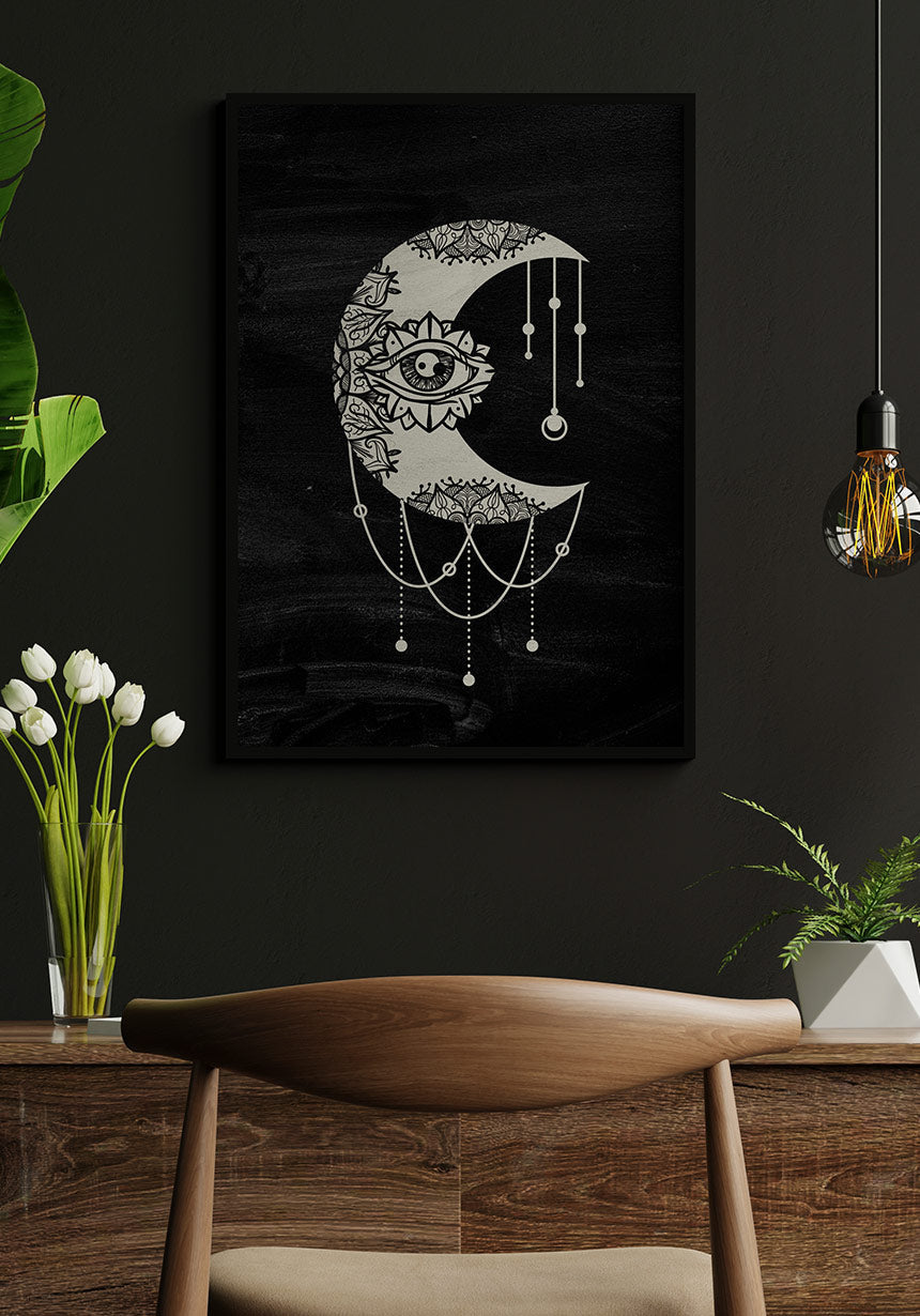 Illustration Poster Moon on black background in black frame