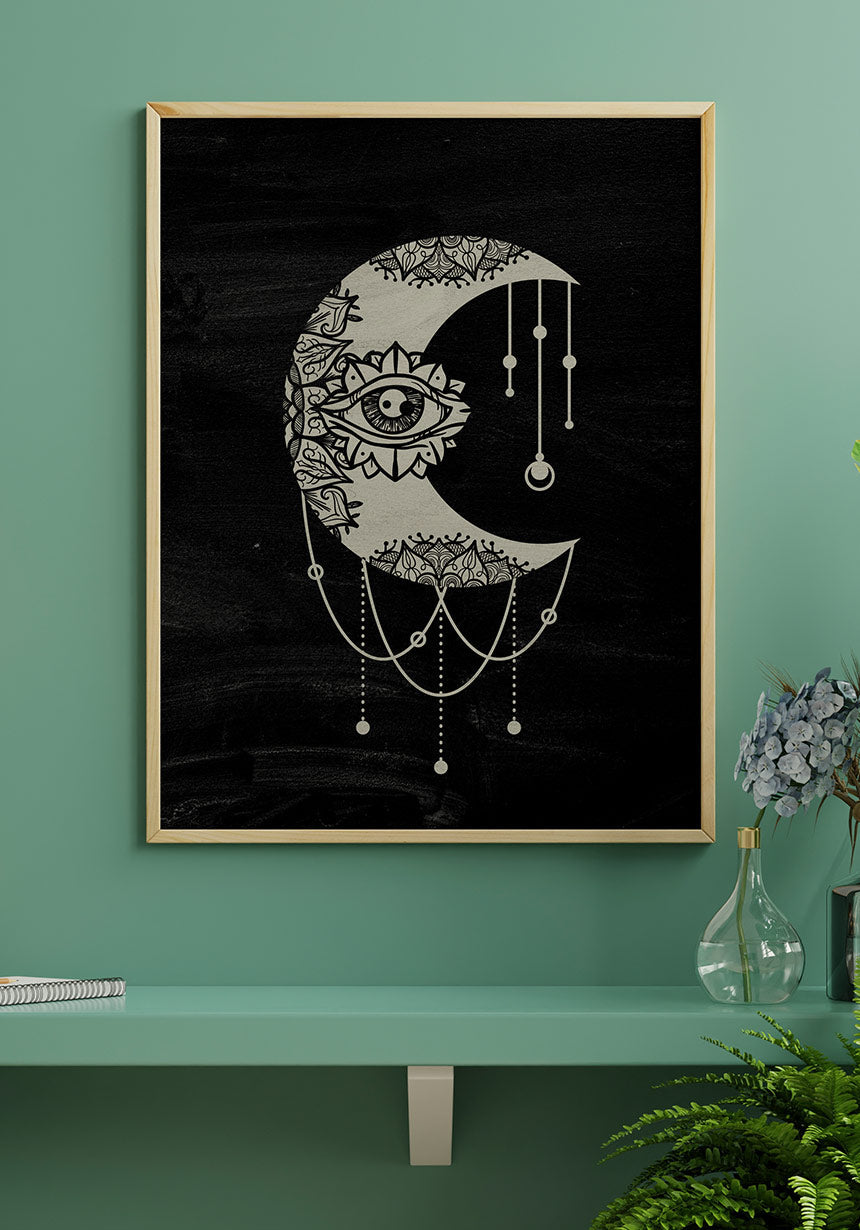 Illustration Poster Moon on black background on green wall