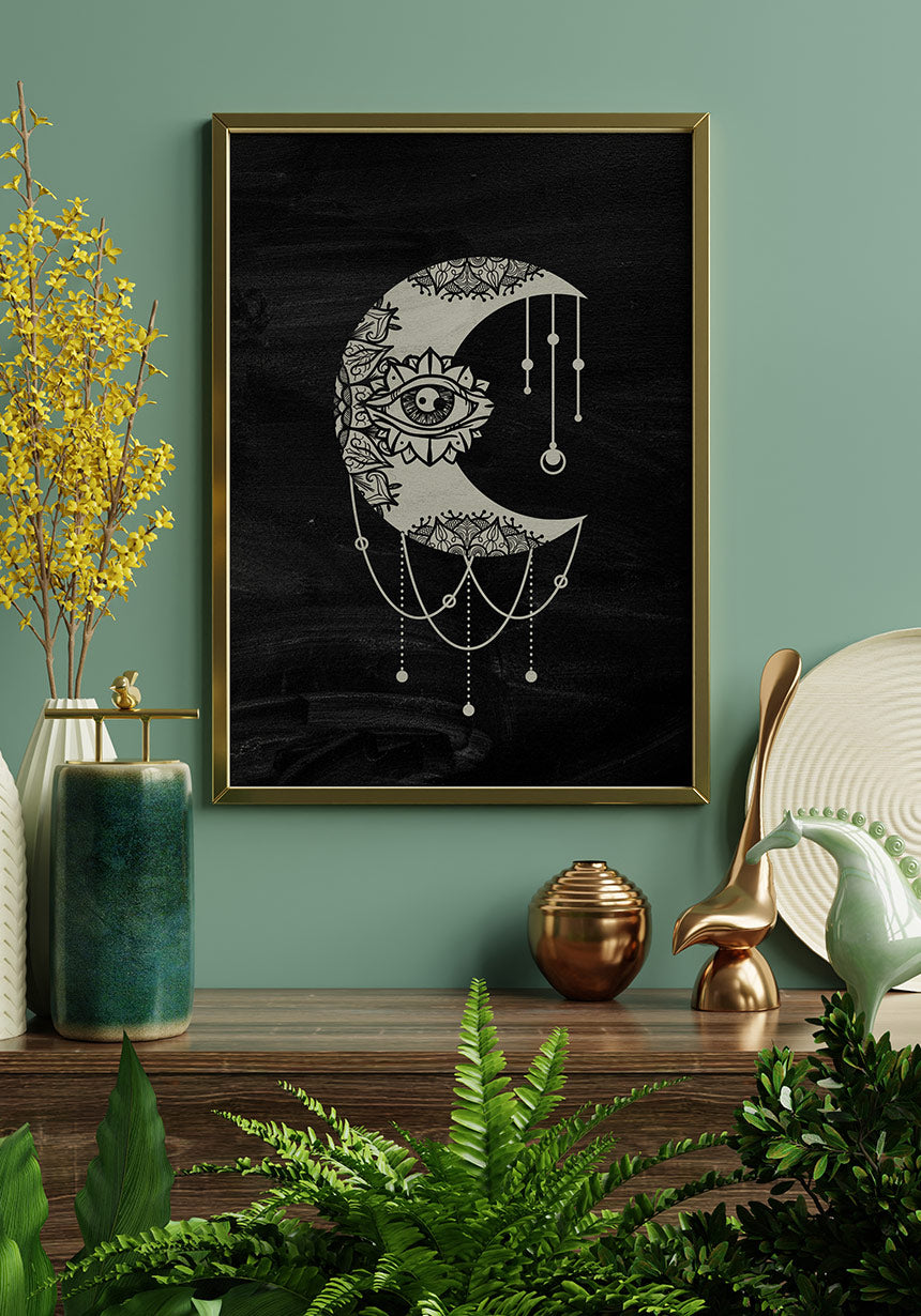 Illustration Poster Moon on black background in golden frame