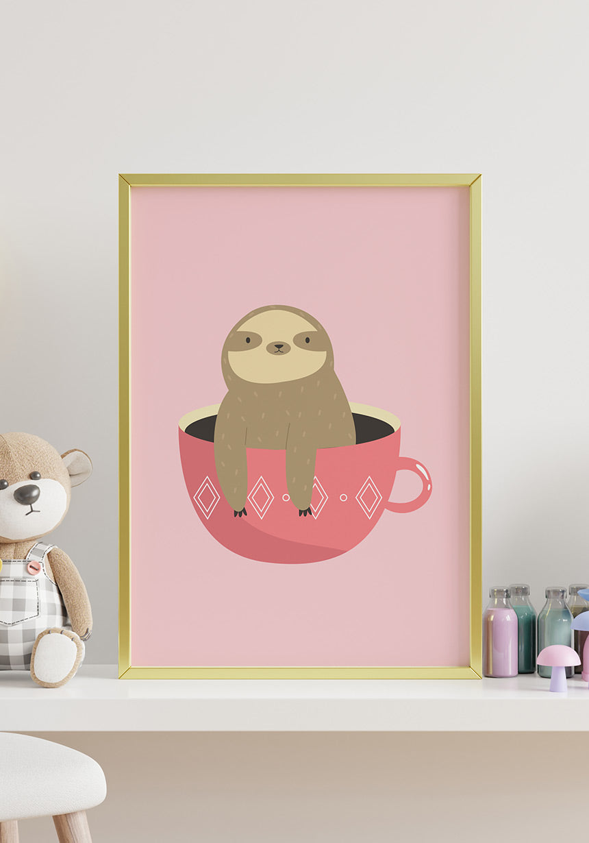 illustration poster children lazy in cup in golden frame