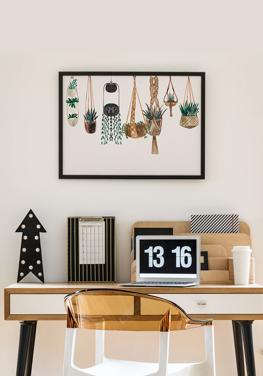 illustration poster plant baskets in wooden frame