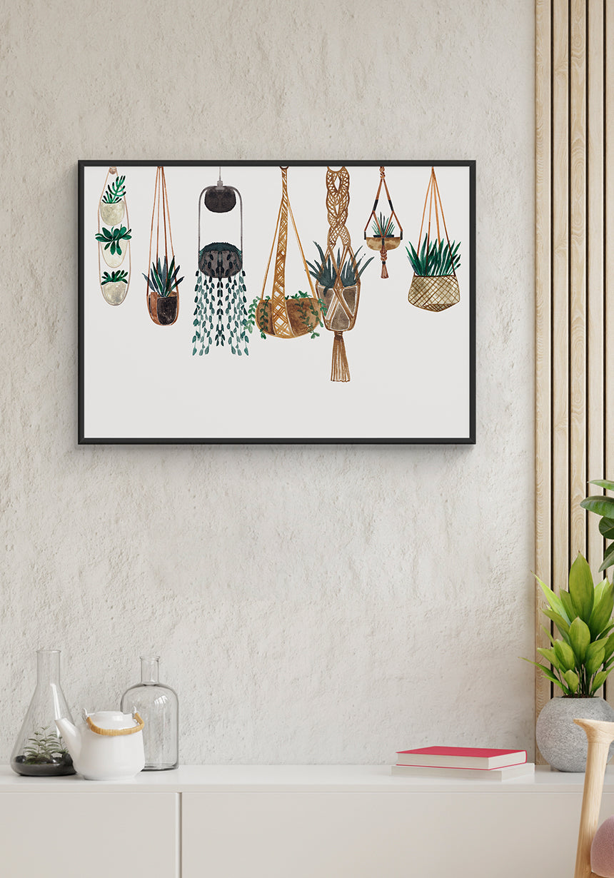illustration poster plant baskets on bright wall