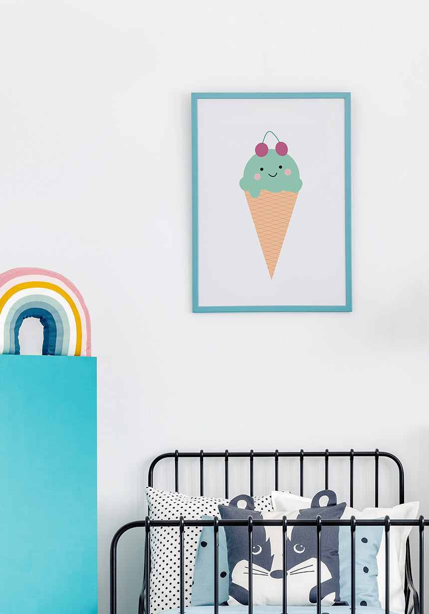 children's poster illustration ice cream with cherries over cot