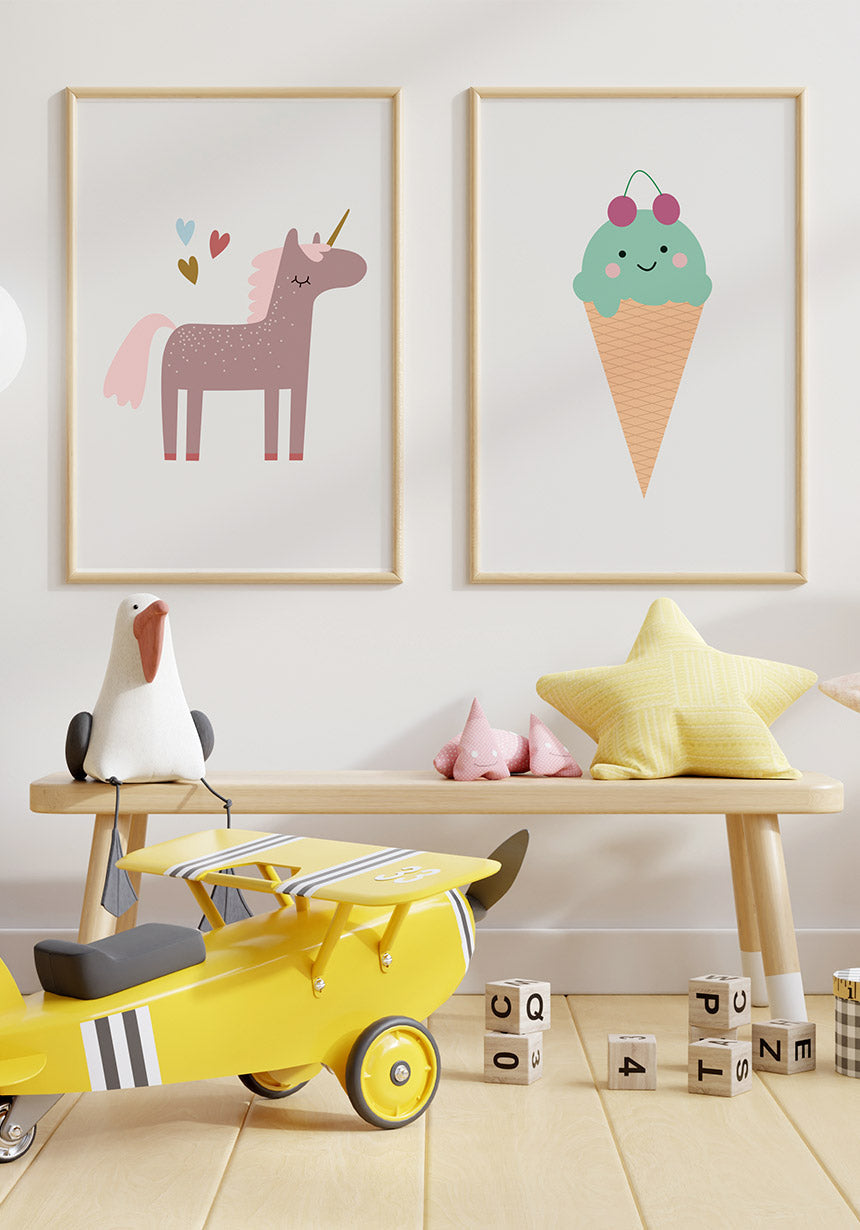 Children's Poster Illustration Ice with Cherry with unicorn