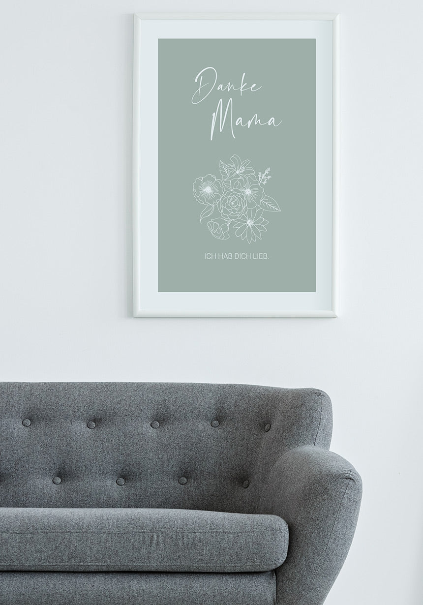 Mother's day poster thanks Mama mint over sofa