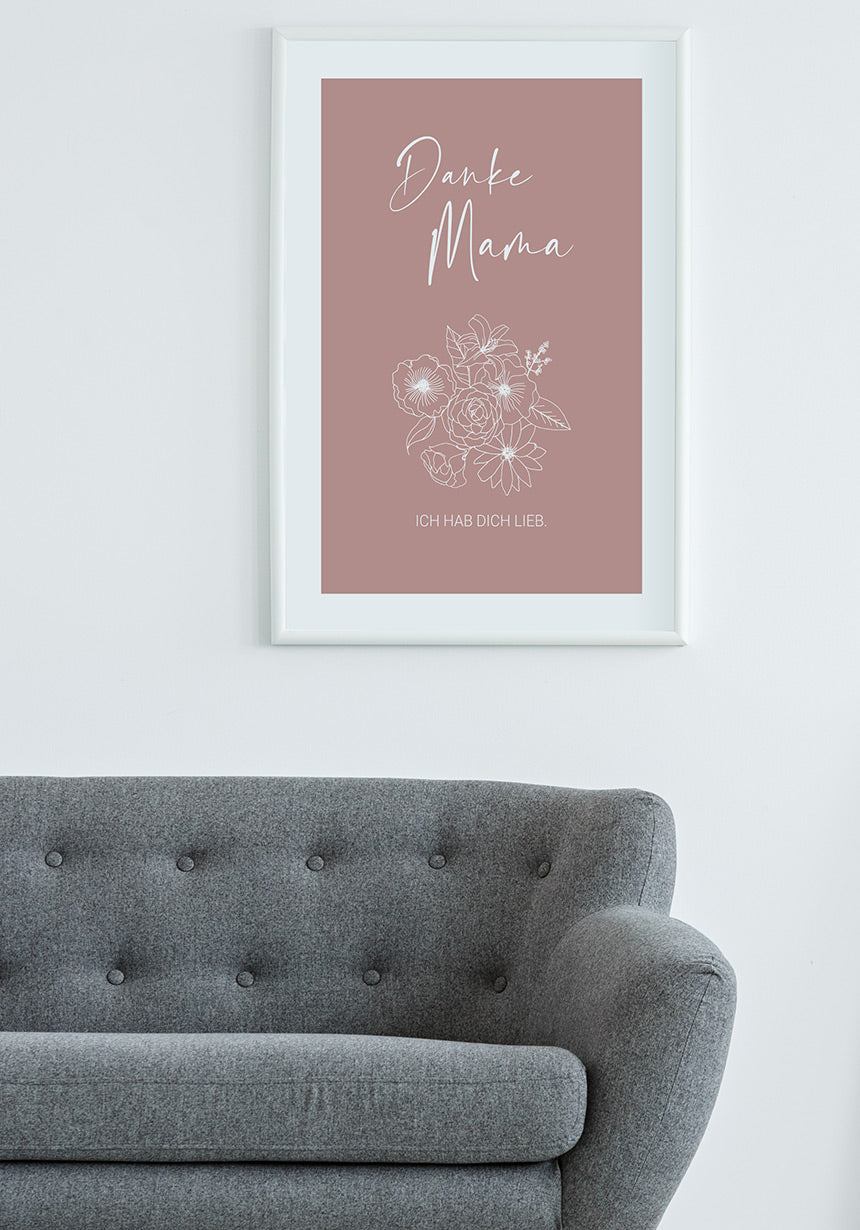 Mother's day poster thanks to Mommy in pink over sofa
