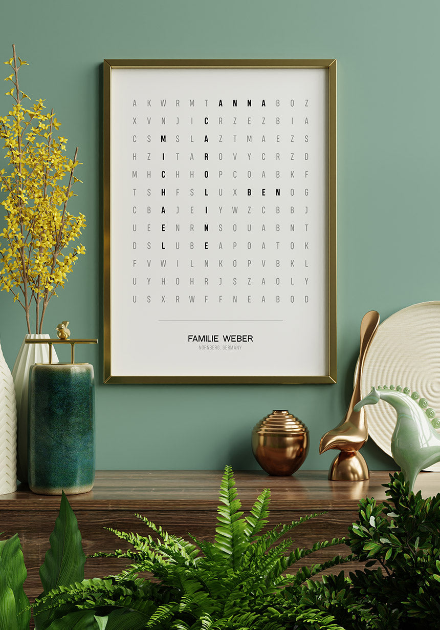 Personalisierbares Poster Buchstabengitter im goldenen Rahmen