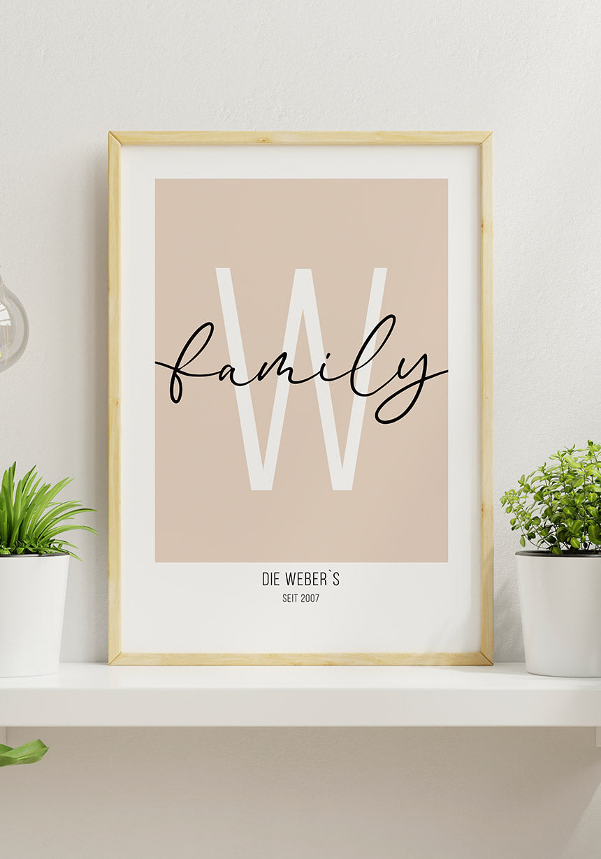 Personalisierbares Familienposter mit Name und Jahr an weißer Wand