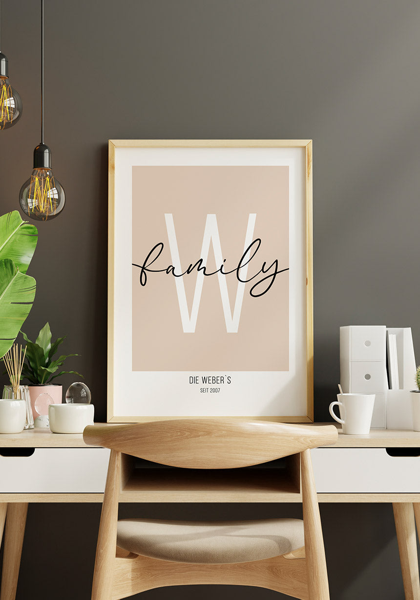 Personalisierbares Familienposter mit Name und Jahr am Arbeitsplatz