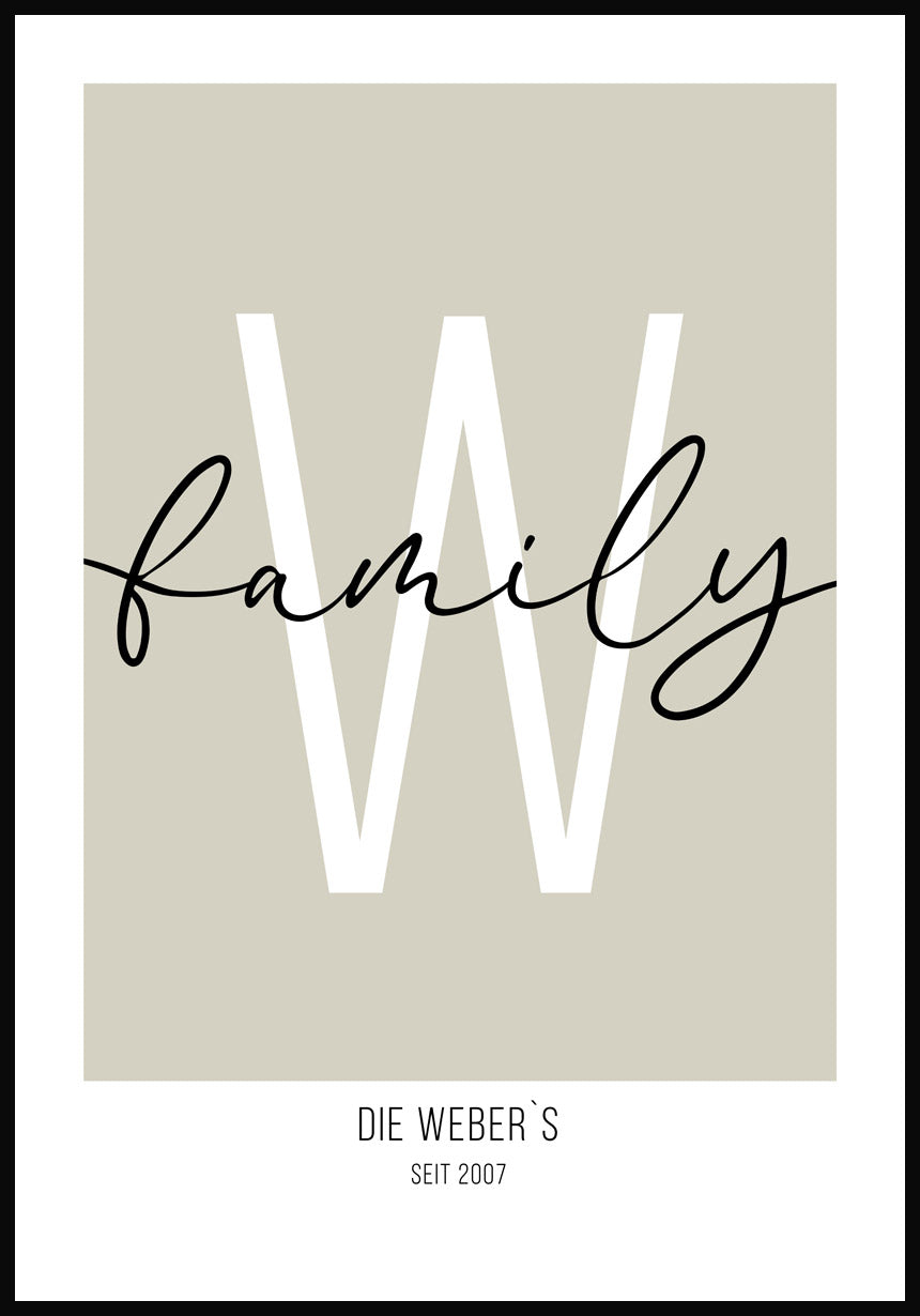 Personalisierbares Familienposter mit Name und Jahr olivgrüner Hintergrund
